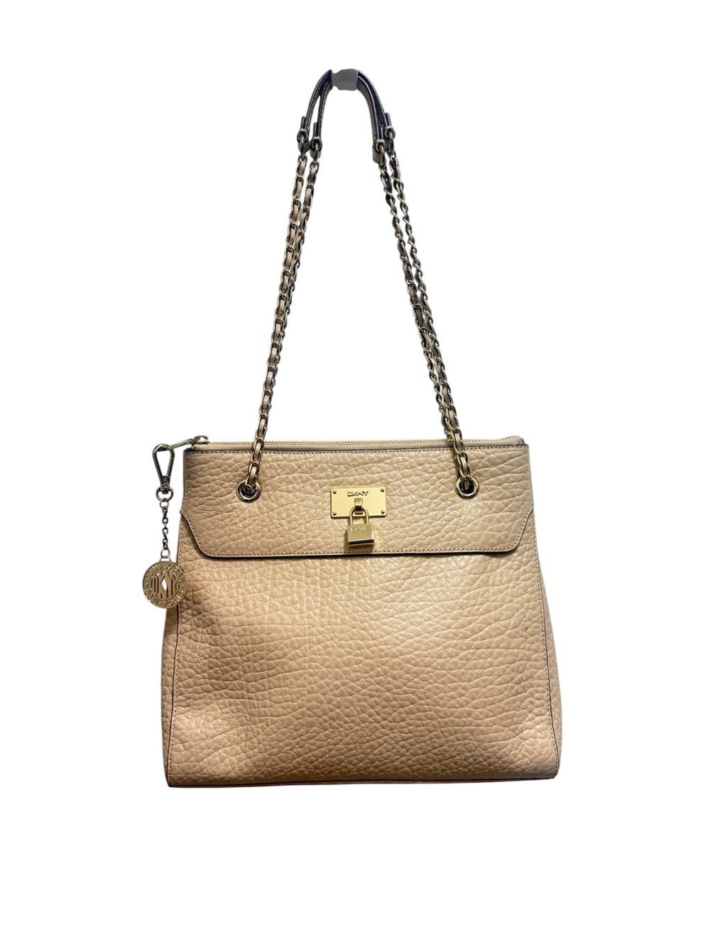 DKNY, beige/ nude pebbled leather with chain strap Handle retail price $250